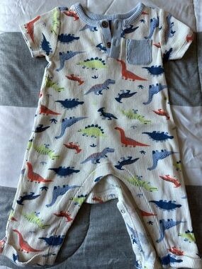 Old Navy White One-Piece Footie with Blue, Red, Neon Green Dinosaurs